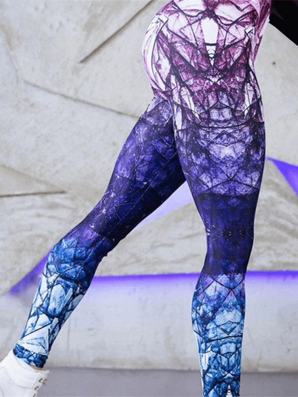 Vibrant colored women's fitness leggings, seamless and high-waisted, perfect for workouts or casual wear, featuring a stylish print.